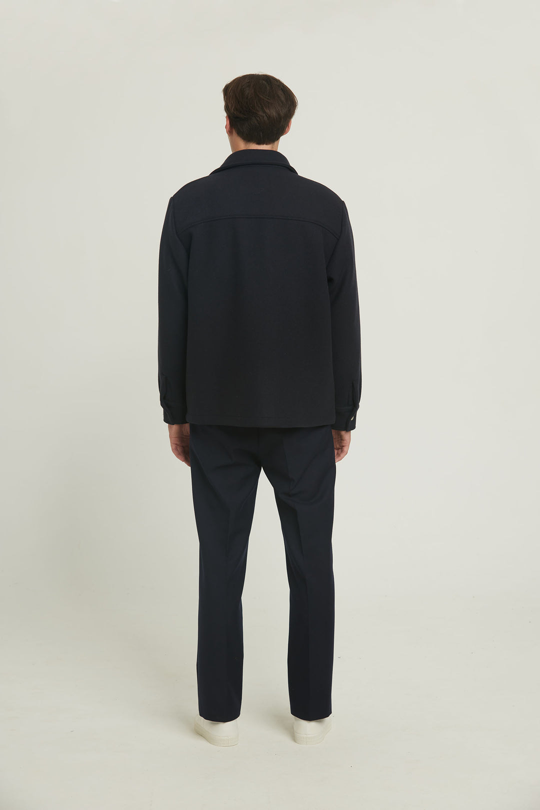 Our "Cold Morning" overshirt is a navy blue wool blend jacket. Made in Europe.